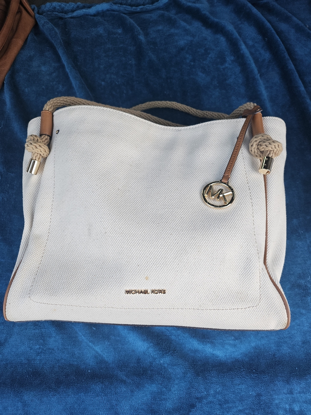 Michael Kors White Canvas Shoulder Tote with Tan Trim and Gold MK Charm